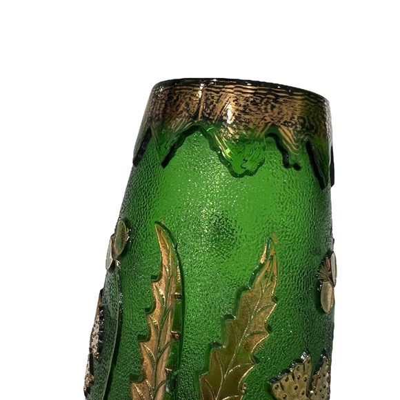 2 VINTAGE EARLY AMERICAN PATTERN GLASS DELAWARE EMERALD GREEN & GOLD VASES - Picture 16 of 16